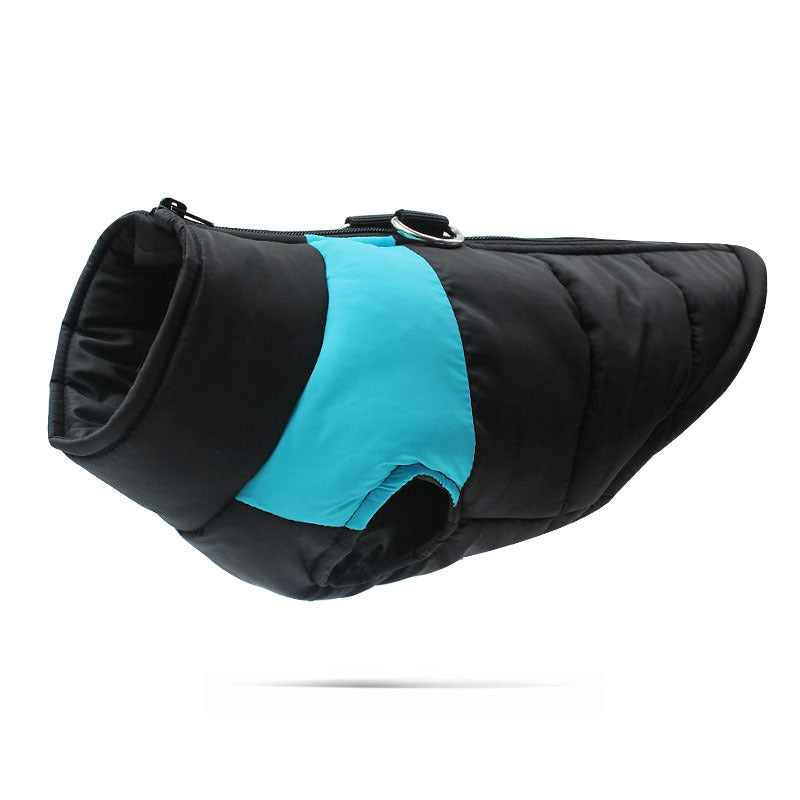 Hundemantel wasserdicht mit Geschirr – Winterjacke Hund in Schwarz-Blau, wasserdicht & winddicht