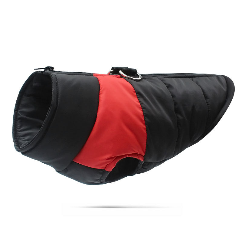 Hundemantel wasserdicht mit Geschirr – Winterjacke Hund in Schwarz-Rot, warm gefüttert & reflektierend